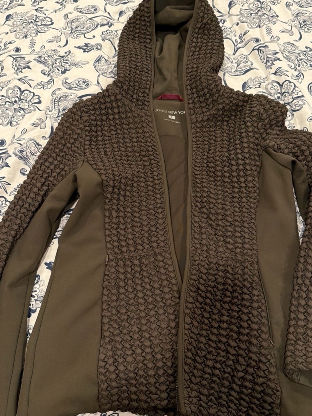 Jones New York Olive Brown Hooded Textured Knit Utility Jacket